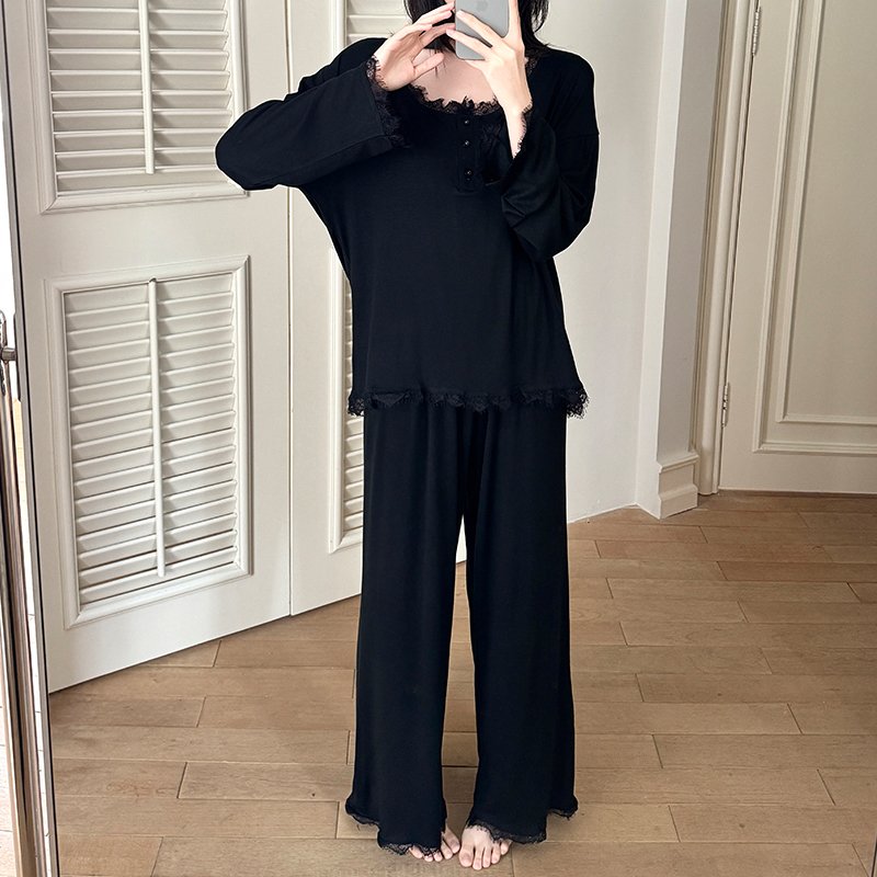 Vapetix M-XXL Orange Heart 【14th Batch】Autumn New Cotton Lining Pajama Set for Women Sweet Lace Edge Loose Two-Pi – Bild 4