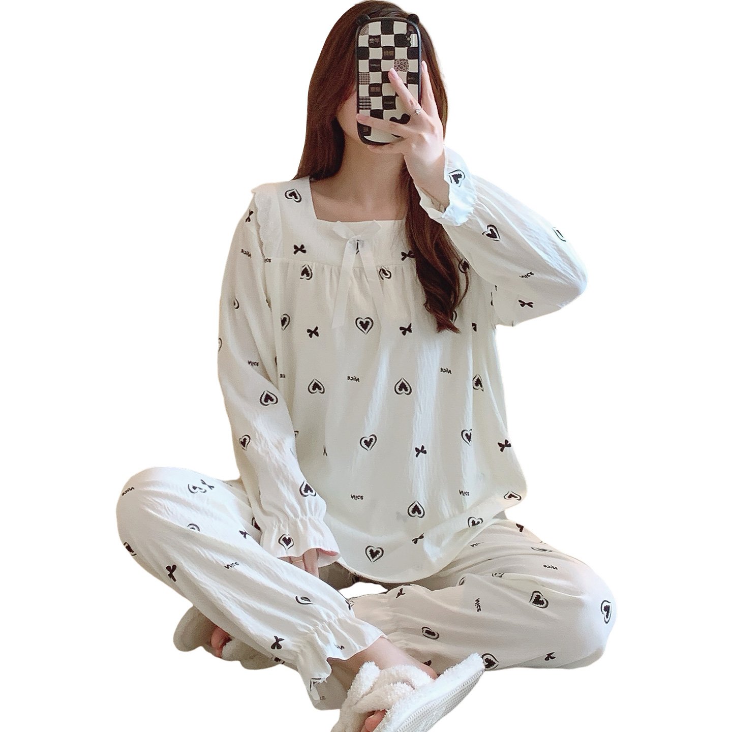 Vapetix M-XXL Jo Mengran 2025 Autumn Cloud Cotton Square Collar Long Sleeve Long Pants Pajama Set for Women Princ - 图片 2