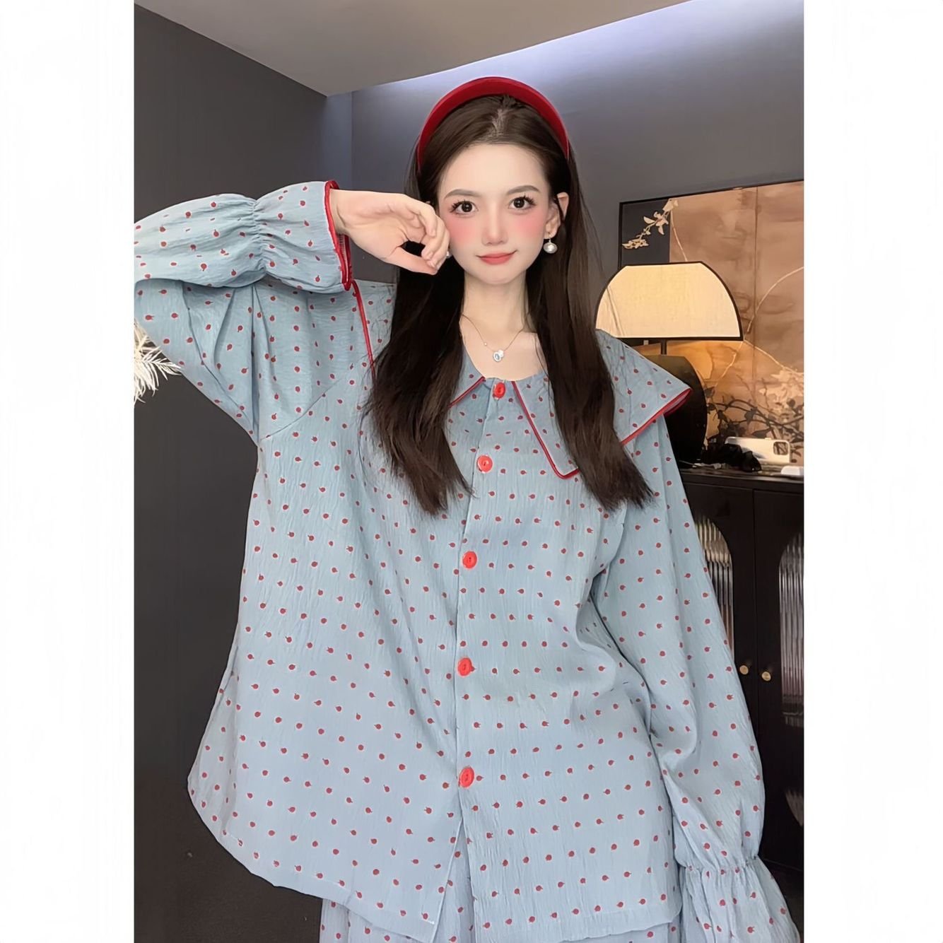 Vapetix M-XXL Baby Collar Blueberry Jam Polka Dot Pajamas Set for Women Cloud Cotton Spring and Autumn Long Sleev – Bild 2