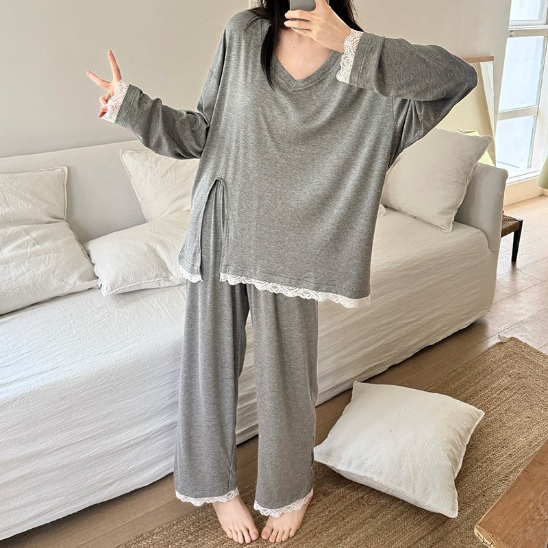 Vapetix M-XXL Orange Heart 【Batch 14】Autumn New Cotton Lined Pajamas Set for Women Sweet Lace Edge Loose Two-Piec - 图片 4