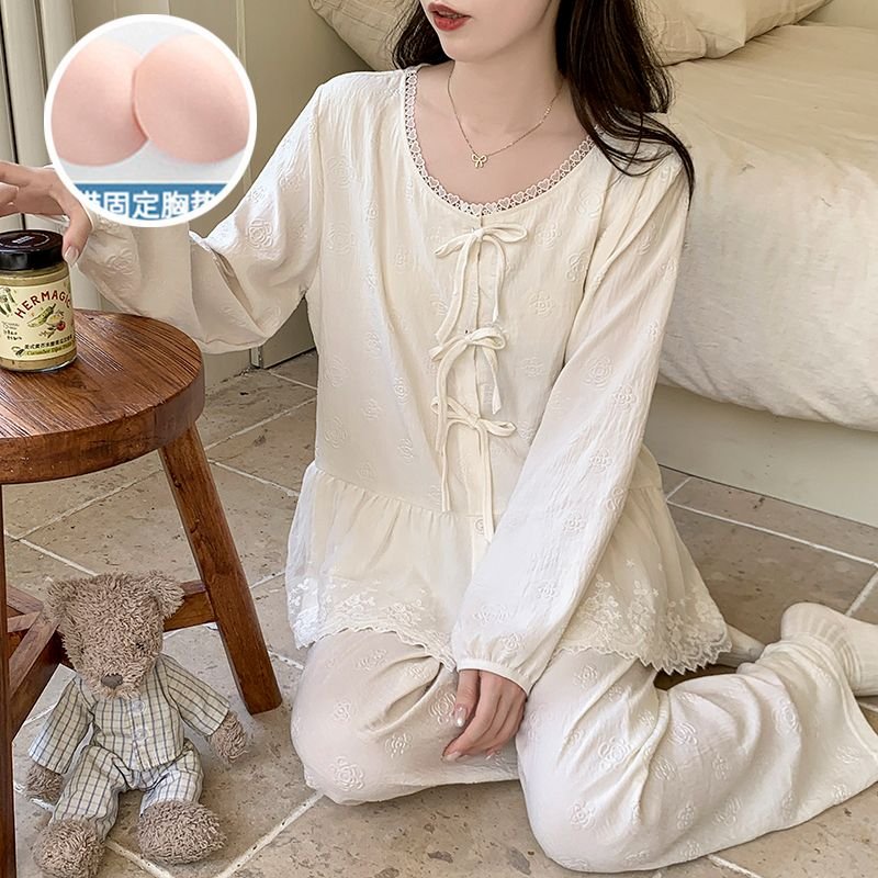 Vapetix M-XXL Ladies' New Autumn Pajama Set with Interlock Cloud Cotton Ribbed Cup Braids Sweet Princess Style Lo – Bild 2