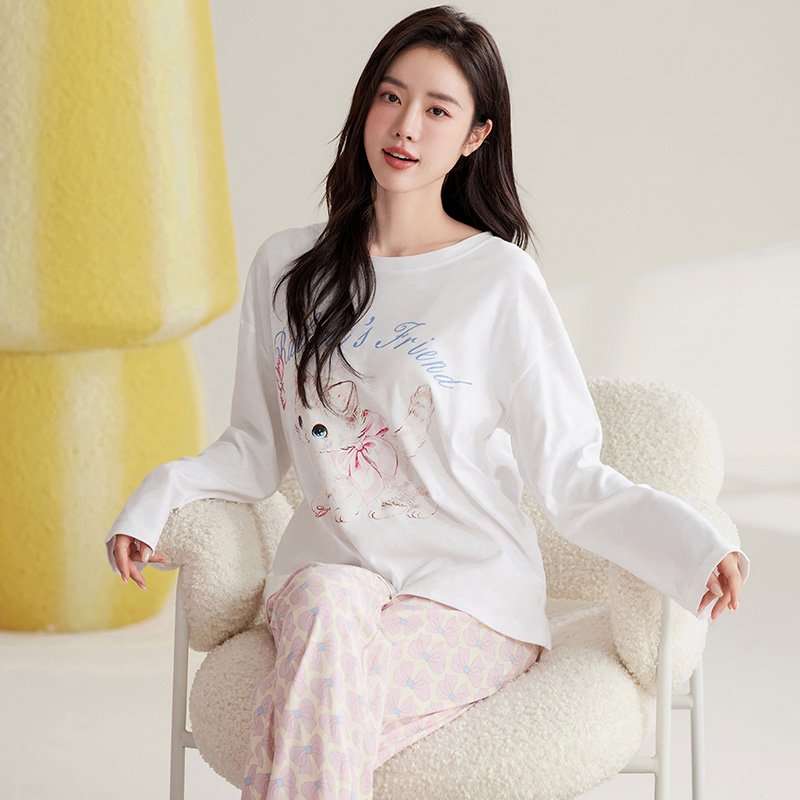 Vapetix M-XXL Women's Autumn New Cotton-Like Round Neck Pullover Long Sleeve Long Pants Pajama Set, Wearable Outs - 图片 4