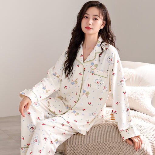 Vapetix M-XXXL  Autumn New Women's 6040 Cotton Collarless Open Front Long Sleeve Long Pants Pajama Set for Women Ho – Bild 4