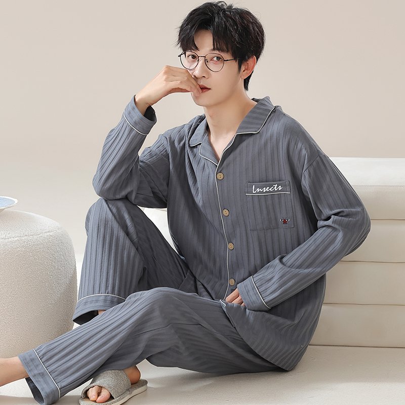 Vapetix L-XXXL Autumn New Cotton-Like Men's Long-Sleeve Open-Neck Pullover and Long Pants Pajama Set for Men, Wear – Bild 4