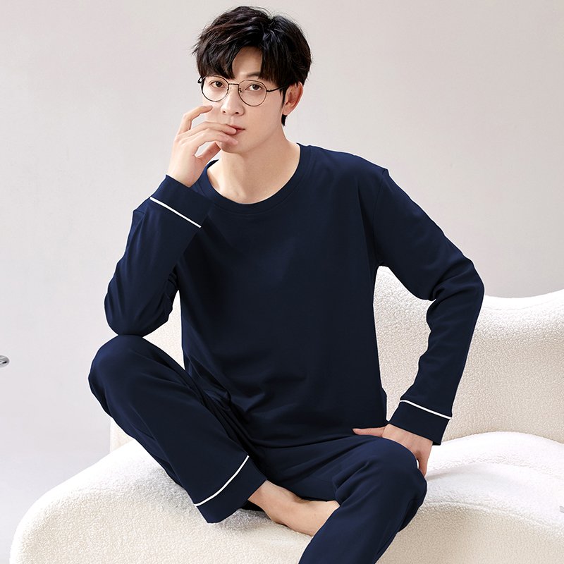 Vapetix L-XXXL Men's Spring and Autumn Sleepwear Set - Pure Cotton, Solid Color, Long Sleeve, Long Pants, New Styl – Bild 3