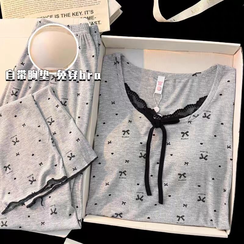 Vapetix M-XXL Spring and Autumn Floral Edge Butterfly Bow Blouse and Pants Set with Bralette for Women, Ice Silk - 图片 4