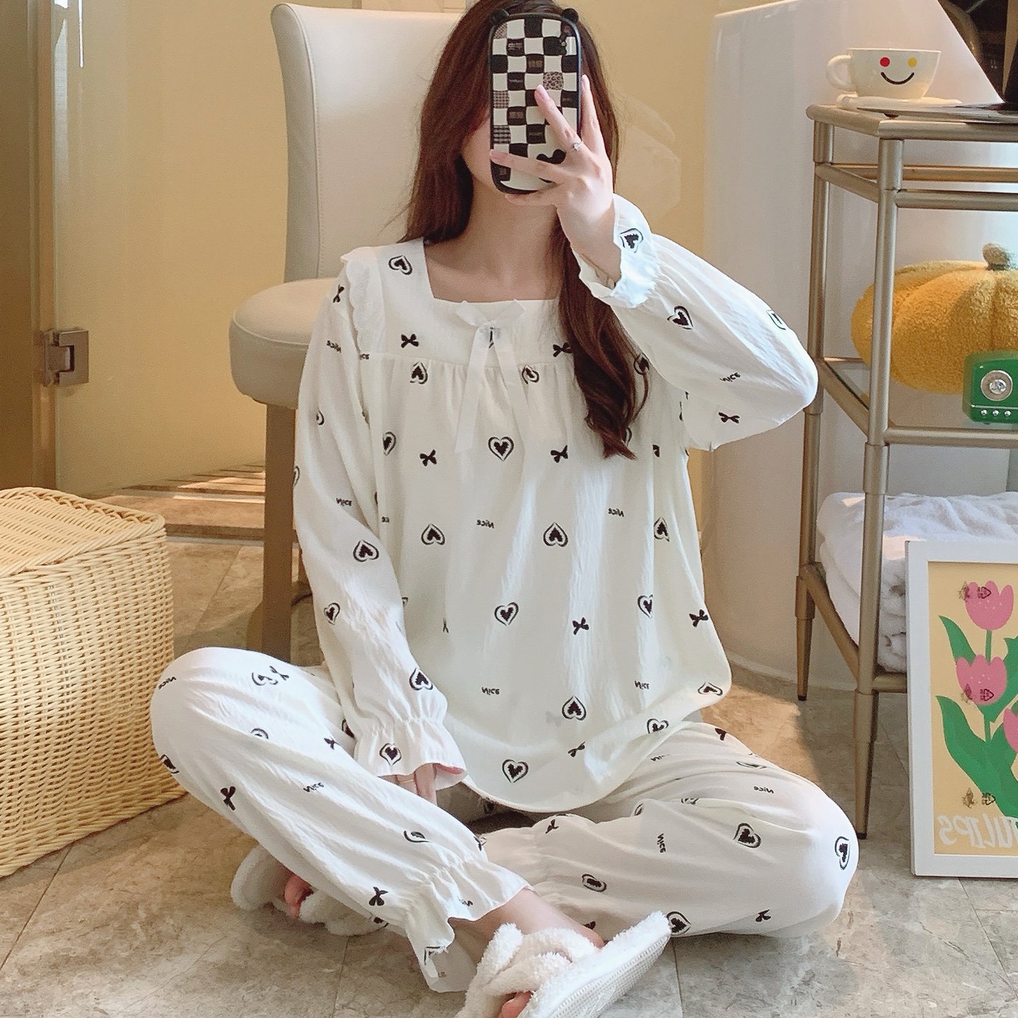 Vapetix M-XXL Jo Mengran 2025 Autumn Cloud Cotton Square Collar Long Sleeve Long Pants Pajama Set for Women Princ - 图片 3
