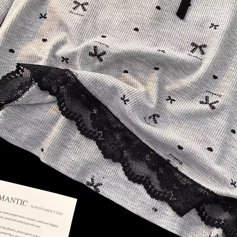 Vapetix M-XXL Spring and Autumn Floral Edge Butterfly Bow Blouse and Pants Set with Bralette for Women, Ice Silk - 图片 3