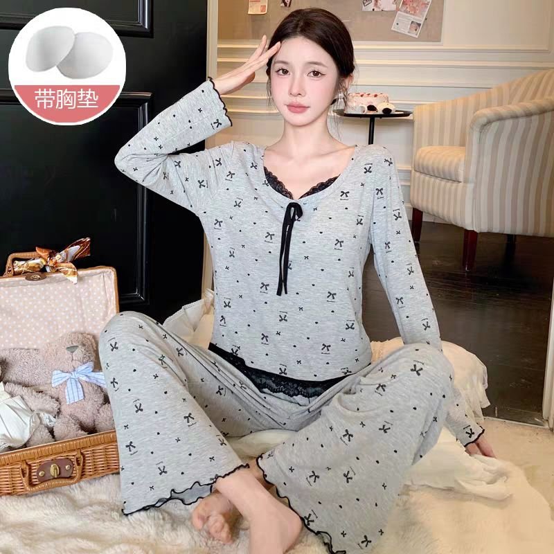 Vapetix M-XXL Spring and Autumn Floral Edge Bowknot Blouse with Breast Pads Women's Ice Silk Ribbed Long Sleeve L – Bild 4