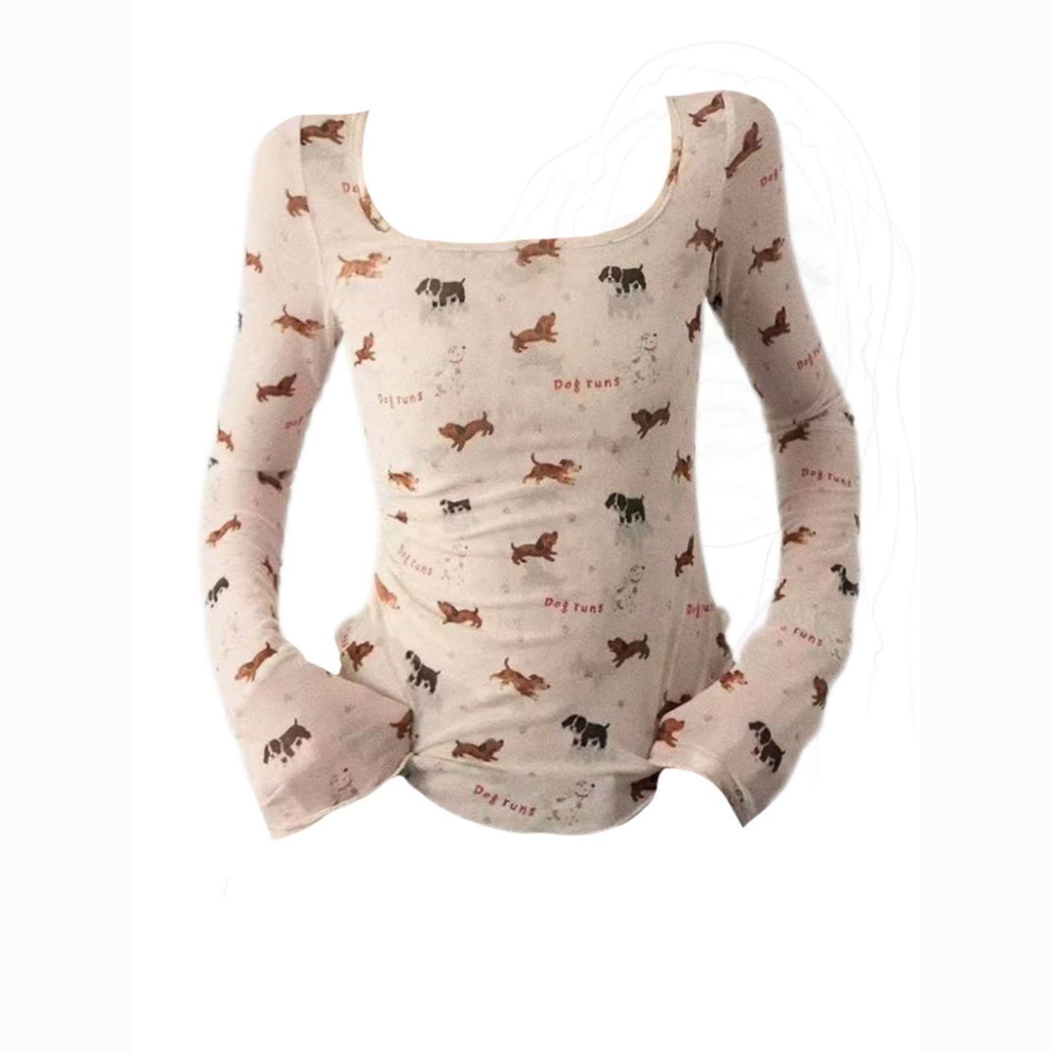 Vapetix M-XL Starry Sky shipped—Ribbed, dog-printed U-neck slim-fit vintage long-sleeve T-shirt for women – Bild 4