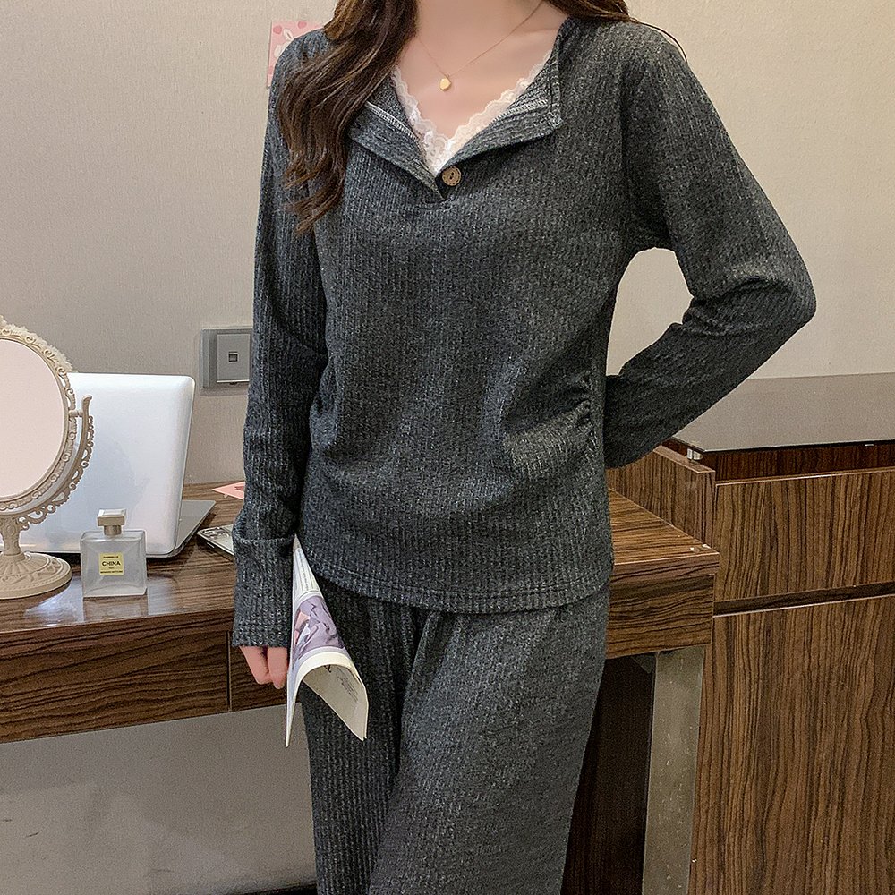 Vapetix M-XXL Cashmere Korean Style Casual Fixed-Chest Padded Pajamas Autumn/Winter V-Neck Lace Solid Color Cashm - 图片 4