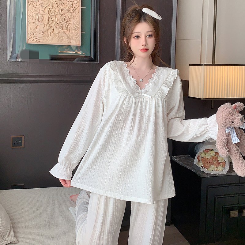 Vapetix M-XXL Fixed Bra Cup V-Neck Lace Sweet Princess Style Homecoming Pajamas Spring and Autumn 6535 Damask Cot – Bild 4