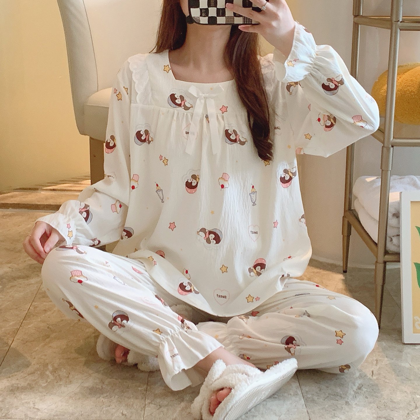 Vapetix M-XXL Qiao Mengran 2025 Autumn Cloud Cotton Square Collar Long Sleeve Long Pants Nightgown Set for Women – Bild 5
