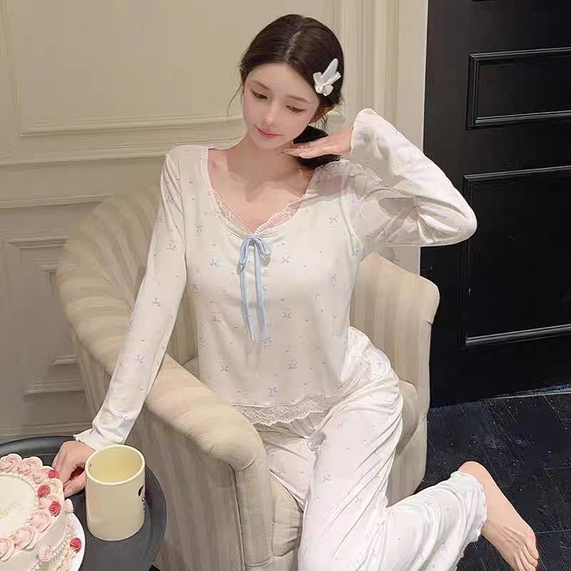 Vapetix M-XXL Spring and Autumn Flower Edge Butterfly Bow Blouse and Pants Women's Ice Silk Ribbed Long Sleeve Lo – Bild 4