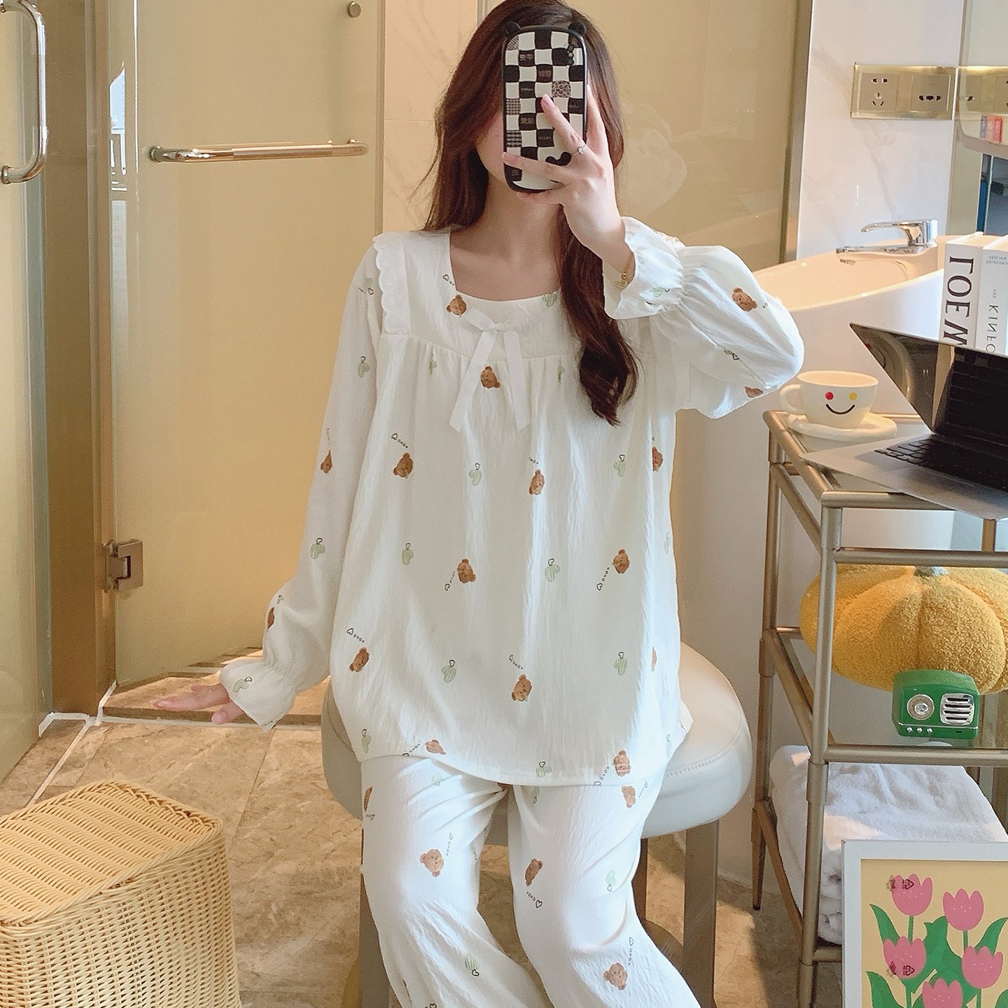 Vapetix M-XXL Qiao Mengran 2025 Autumn Cloud Cotton Square Collar Long Sleeve Long Pants Nightgown Set for Women – Bild 4