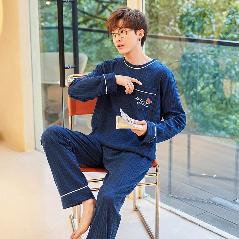 Vapetix L-4XL Autumn New Cotton-Like Men's Drawstring Crew Neck Pullover Long-Sleeve Long Pants Pajama Set for Me - 图片 5