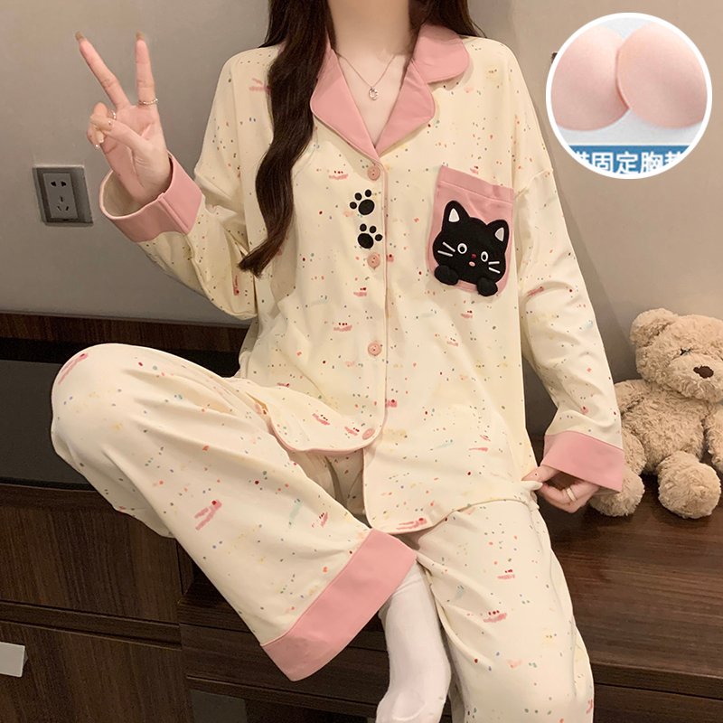 Vapetix M-XXL Women's Set: Collared Long-Sleeve Open-Front Pajama Top with Cotton-Poly Blend and Built-in Bralett – Bild 4