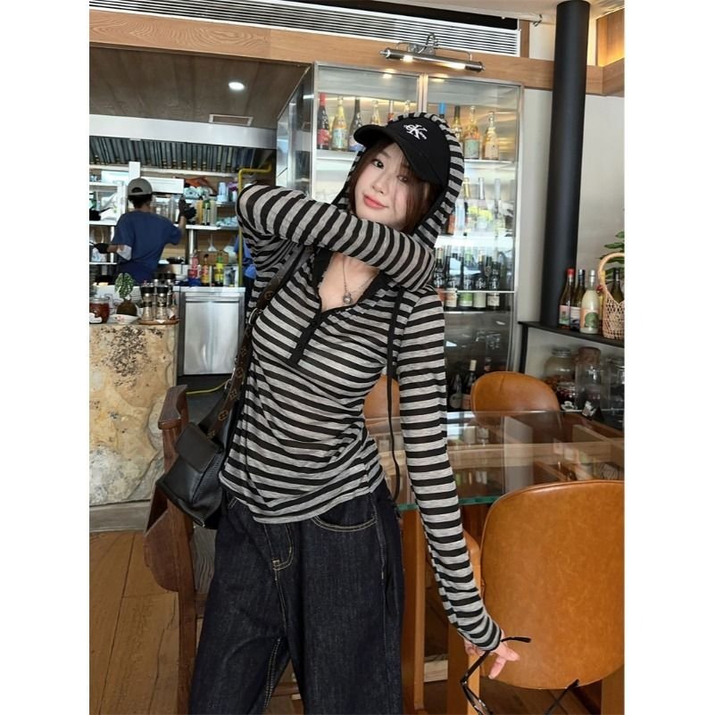 Vapetix M-XL Starlight All Shipped Ribbed Contrast Striped Hooded Long-Sleeve T-Shirt for Women Casual Minimalis – Bild 5