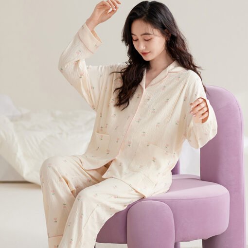 Vapetix M-XXL  Women's Cloud Cotton Gauze Cardigan Pregnancy Spring and Autumn Season Postpartum Nursing Home Set – Bild 4