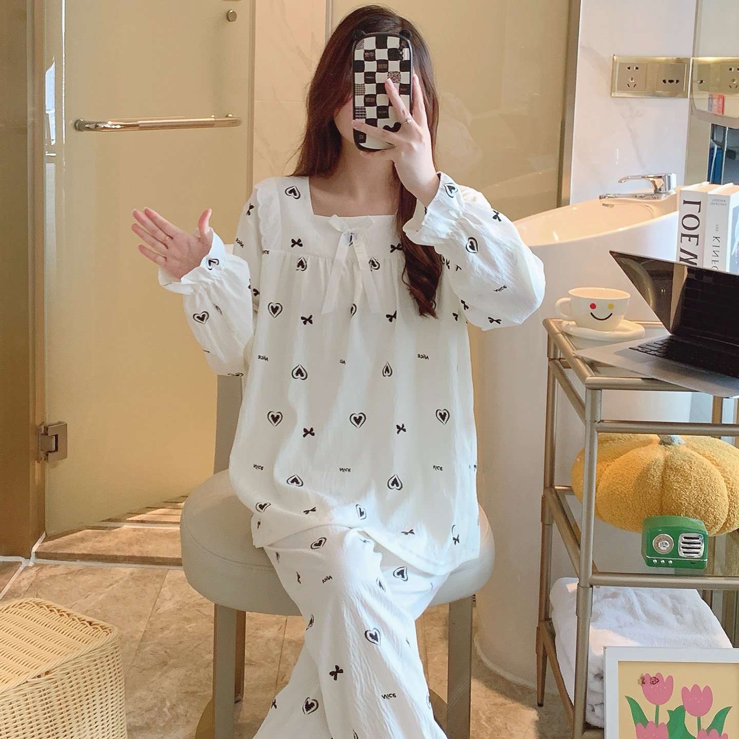 Vapetix M-XXL Jo Mengran 2025 Autumn Cloud Cotton Square Collar Long Sleeve Long Pants Pajama Set for Women Princ - 图片 4