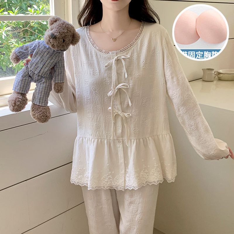 Vapetix M-XXL Ladies' New Autumn Pajama Set with Interlock Cloud Cotton Ribbed Cup Braids Sweet Princess Style Lo – Bild 3