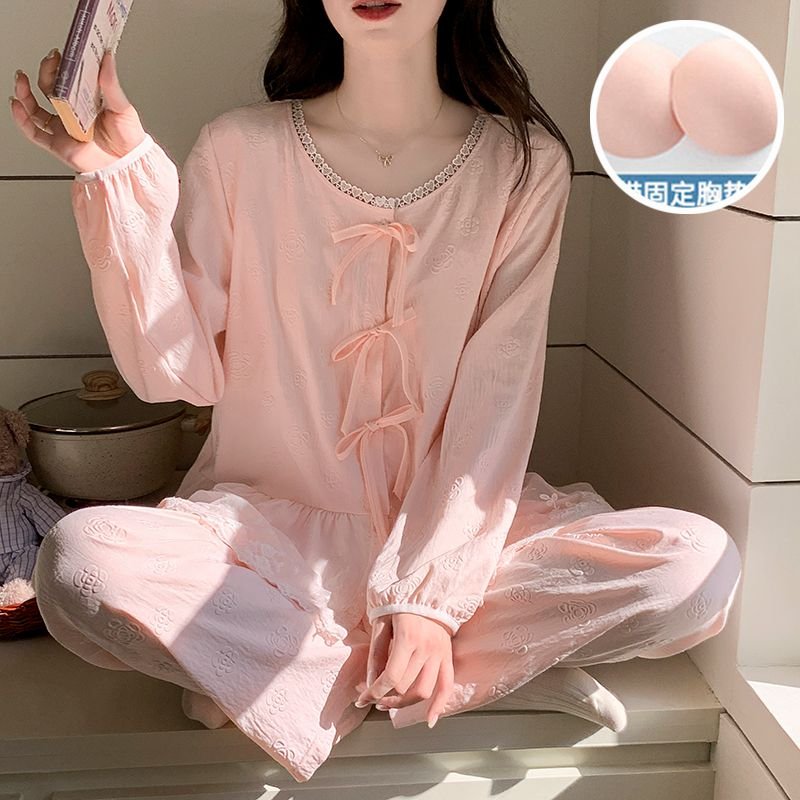 Vapetix M-XXL Ladies' New Autumn Pajama Set with Interlock Cloud Cotton Ribbed Cup Braids Sweet Princess Style Lo – Bild 4