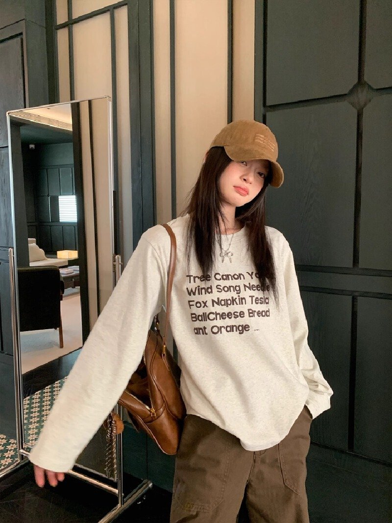 Vapetix S-3XL Korean Foreign Trade: 21-Count Pure Cotton - 210g 100% Cotton Autumn Long-Sleeve T-Shirt for Women,