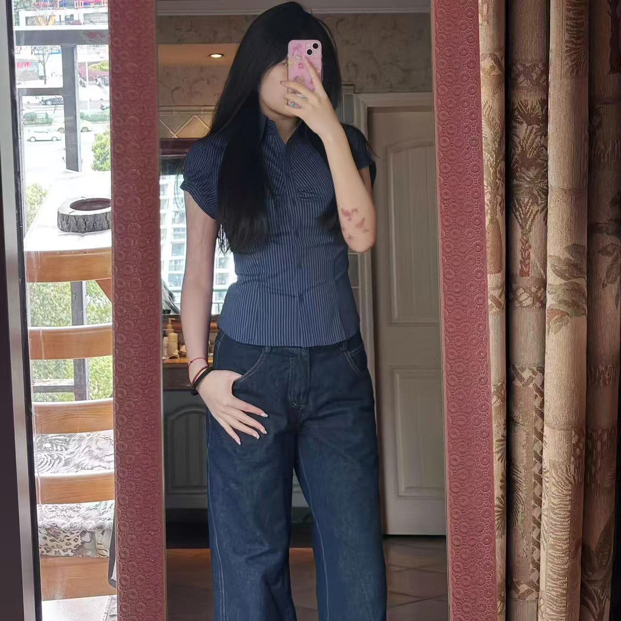 Vapetix S-XL MR【Original Color-Woven Stripes】Retro Striped Tuck-Waist Short-Sleeve Shirt with Single-Break Faste