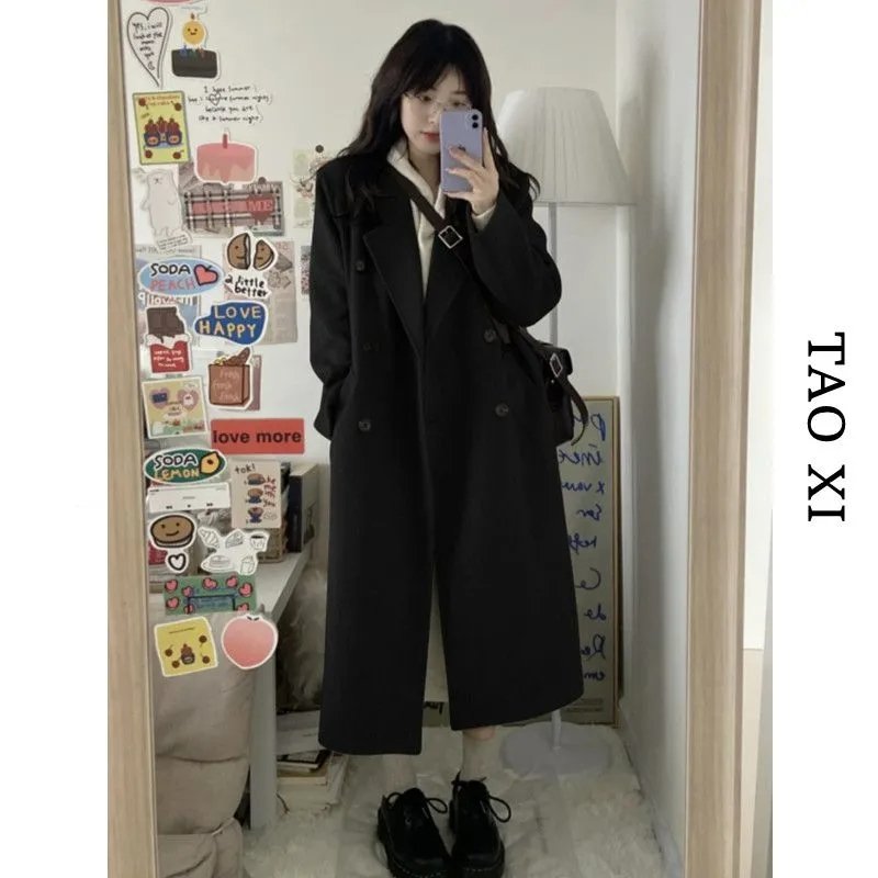 Vapetix S-2XL Black Woolen Coat for Women, Medium-Long Length, 2025 Winter New Student Korean Style Loose and Sli