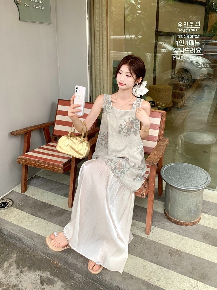 Vapetix S-2XL French satin printed spliced vest dress for women 2025 summer new retro design chic long skirt