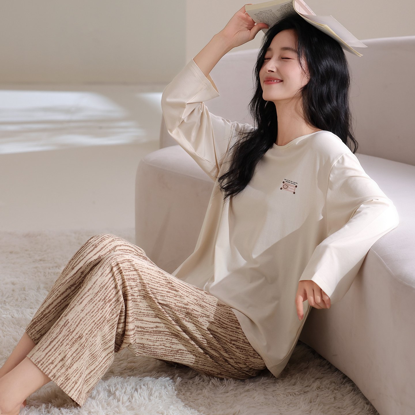 Vapetix M-XXL Qiao Mengran 2025 Autumn Cotton Crew Neck Long Sleeve Long Pants Pajama Set for Women Casual Comfor