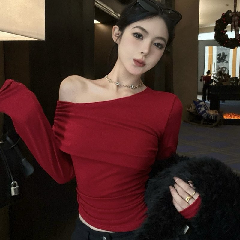 Vapetix S-XL Ankorah Red Slanted Collar Off-the-Shoulder Base Shirt for Women, 2025 Autumn Christmas New Year Ni