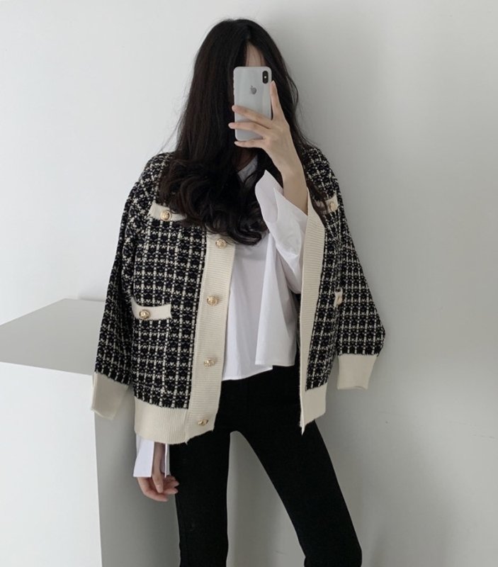 Vapetix Average code-Average code Korean chic versatile simple style contrast color single breasted checked sweater cardigan long sle