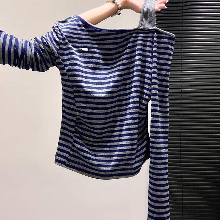 Vapetix S-XL New trendy slim-fit, figure-flattering asymmetrical-design base top—early autumn striped off-should