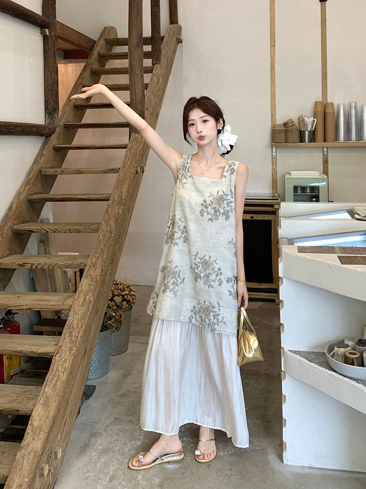 Vapetix S-2XL French satin printed patchwork V-neck dress for women, 2025 summer new retro design, unique long dr