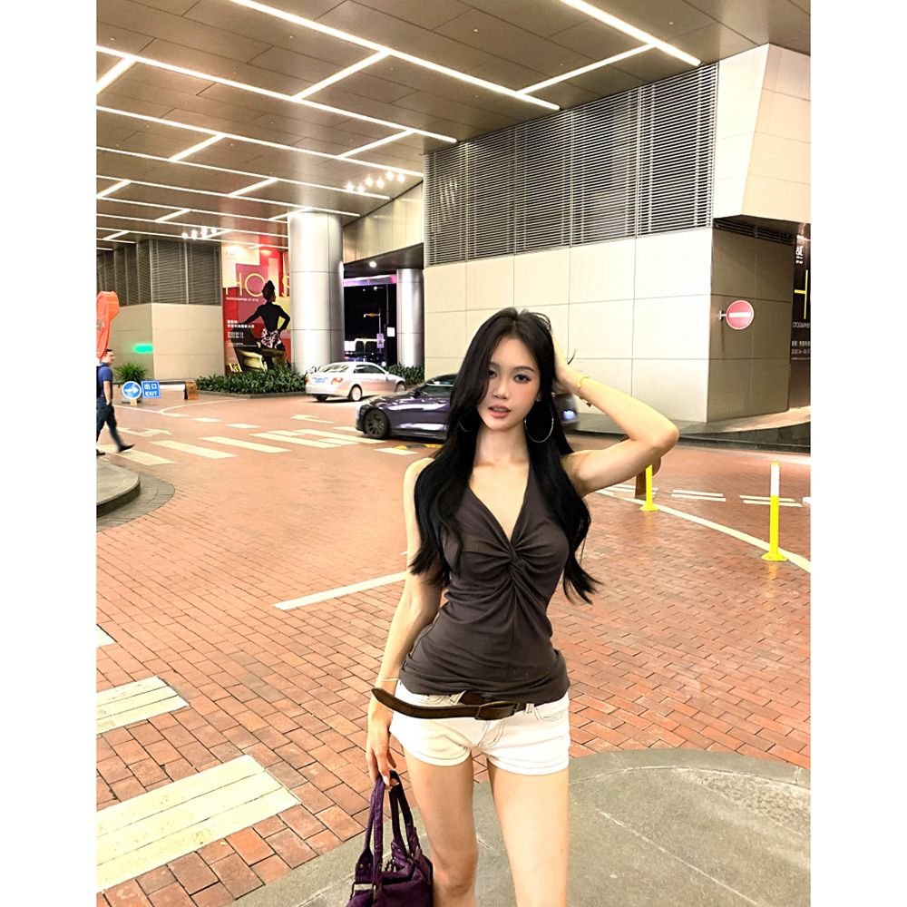 Vapetix S-XL Cotton-Linen Sleeveless V-Neck Knot Yellow Hanging Collar Top for Women, Summer Fitted Tank Top, Sl