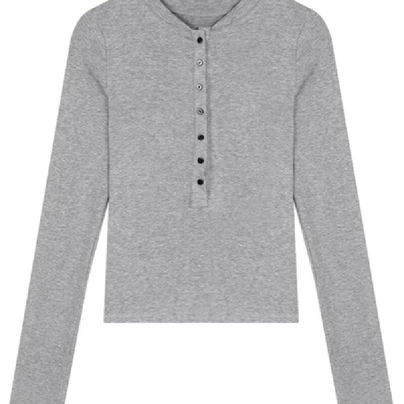 Vapetix S-XL Stylish Grey Half-Open Collar Long-Sleeve Women's T-Shirt for 2025 Autumn, Sexy, Fitted, Slimming,