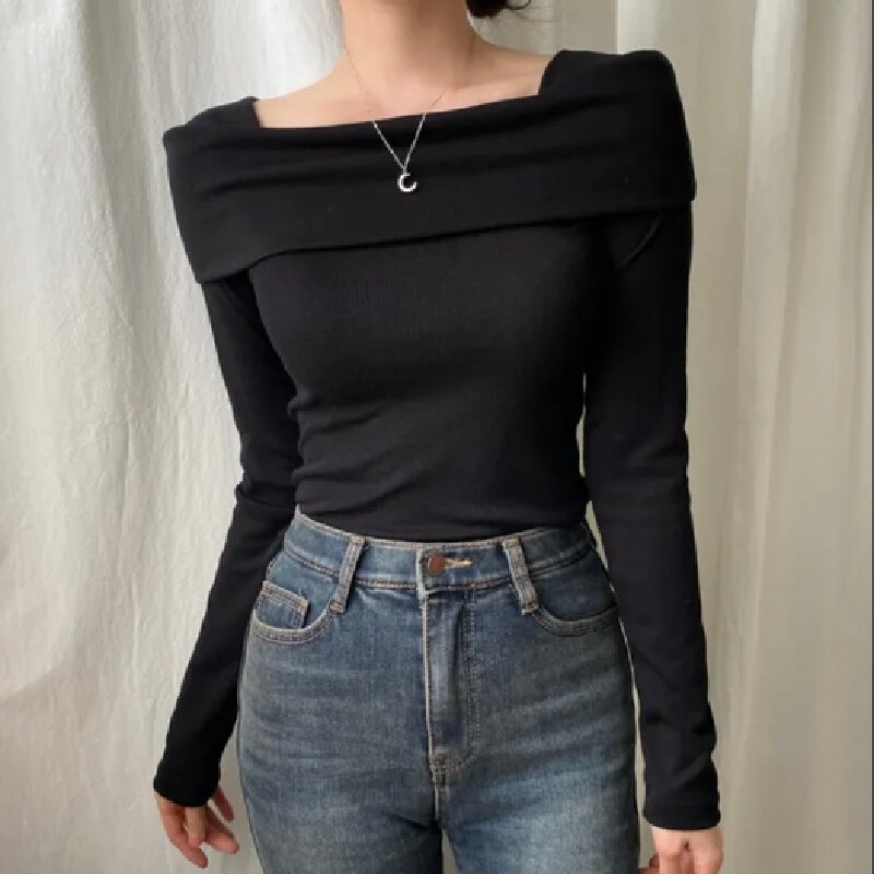 Vapetix Free Size-Free Size Korean chic autumn long-sleeved base shirt slim fit bone-revealing one-shoulder hidden detail T-shi