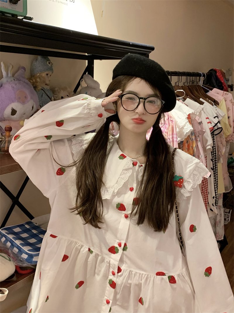 Vapetix S-2XL Spring 2025 Sweet Korean Style Long-Sleeve Dress for Women - New Arrival Strawberry Heavy Work Prin