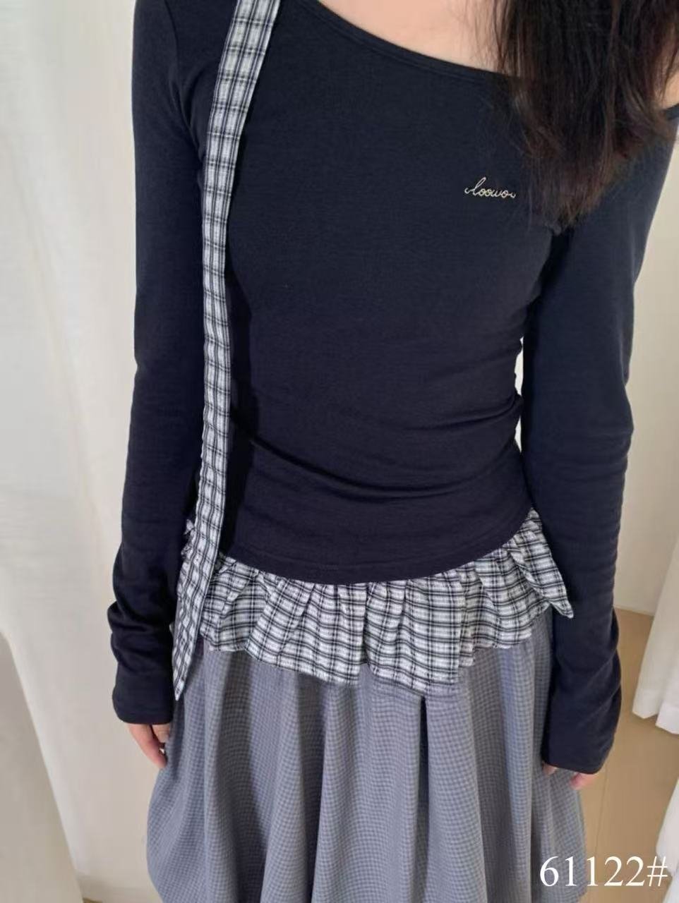 Vapetix Free Size-Free Size The Thirteen Lines 2025 Autumn New Irregular Checkered Stitching Long-Sleeve T-Shirt for Women with