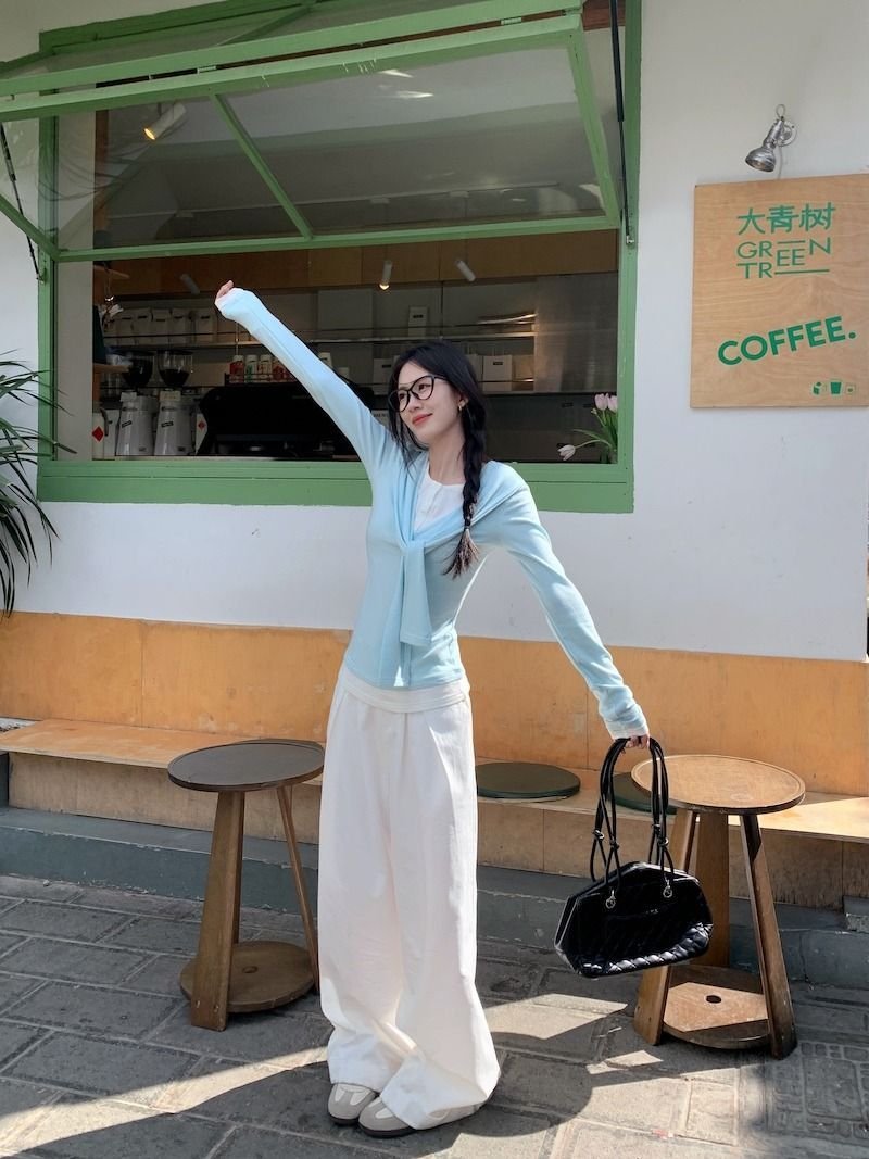 Vapetix S-XL Modal Cotton Spliced Fake Two-Piece T-shirt with Flowing Ribbon, Long Sleeves – Women's Spring Seas