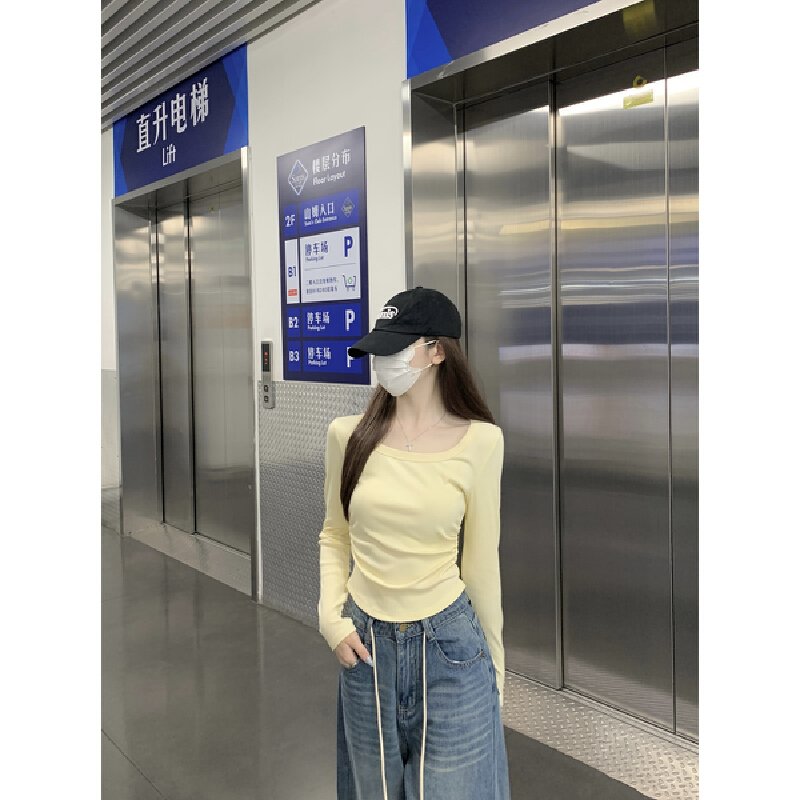 Vapetix S-XL Real-shot Autumn Korean-style Elegant Slim-Fit Square-Neck Simple Basic All-Match Waist-Controlled