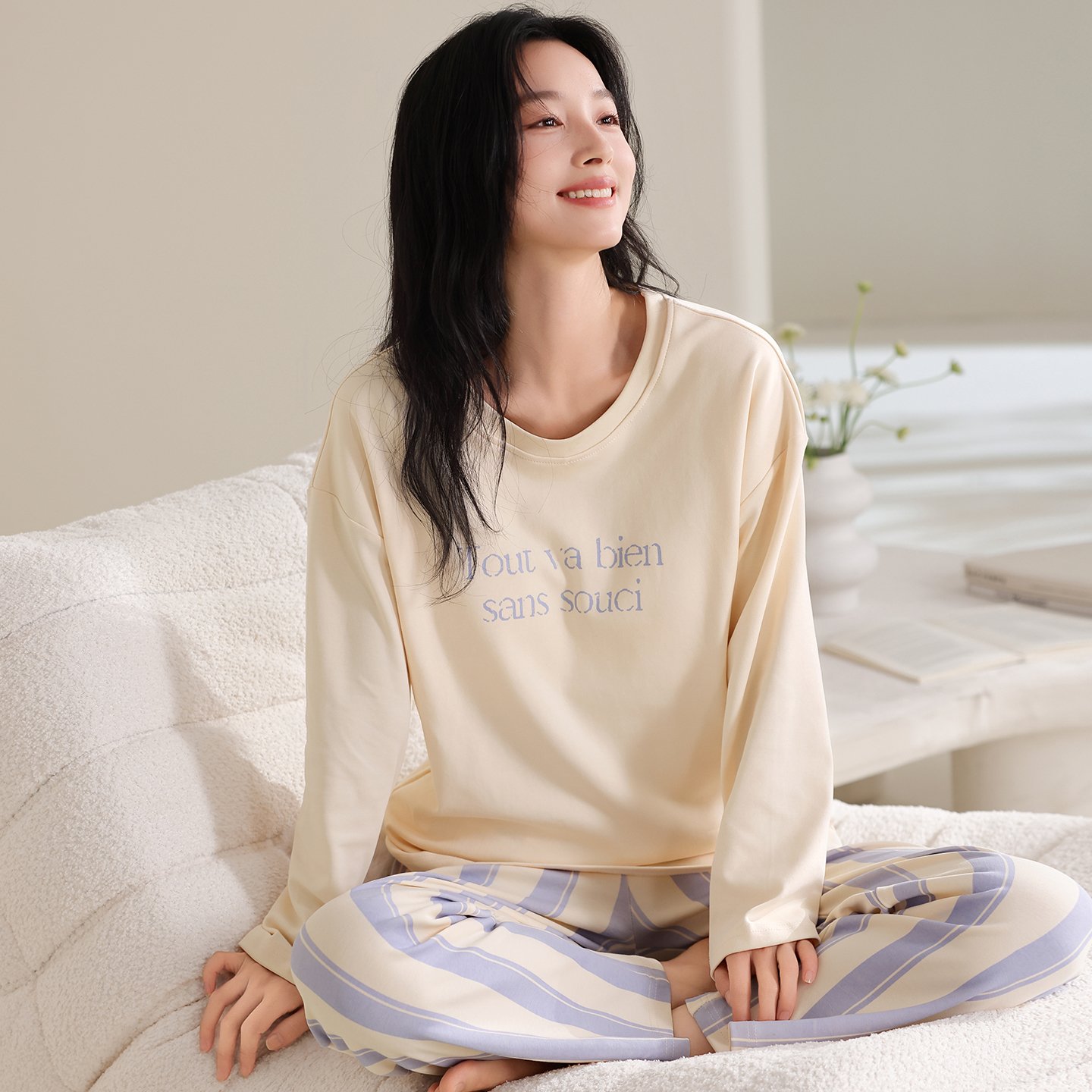Vapetix M-XXL Qiao Mengran 2025 Autumn Pure Cotton Crew Neck Long Sleeve Long Pants Women's Pajama Set Casual Com – Bild 5