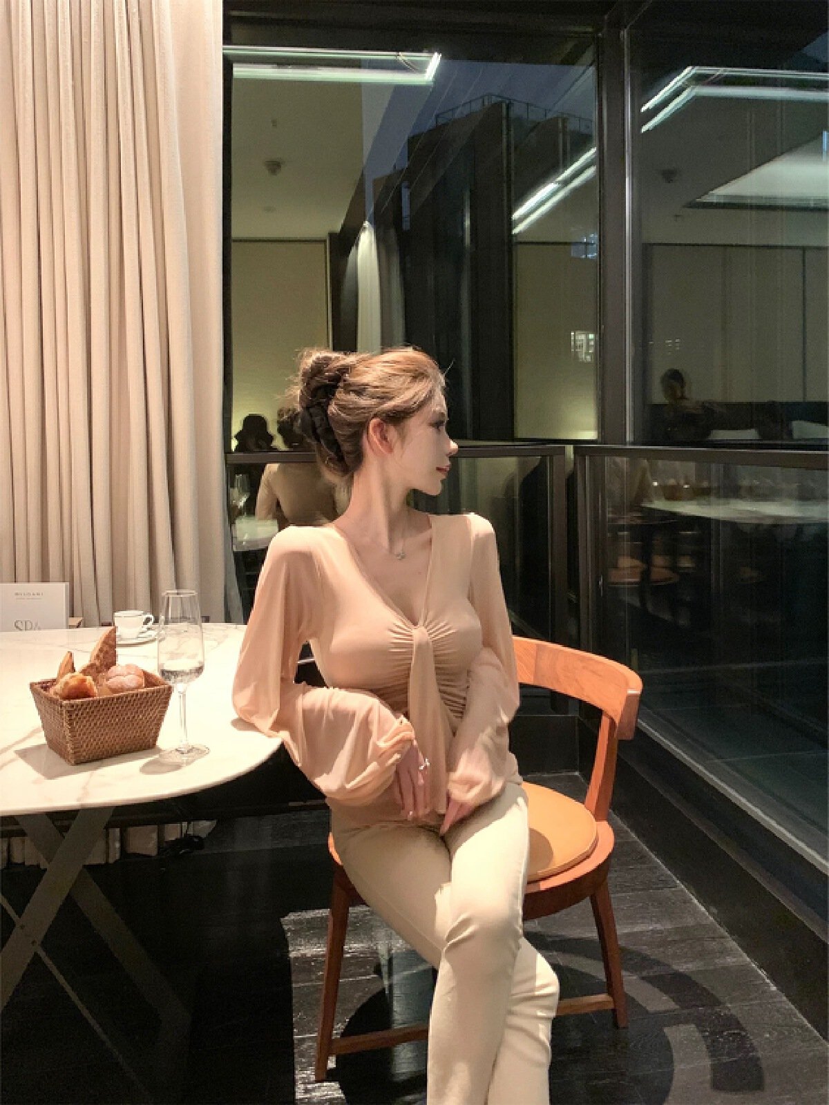 Vapetix S-L Kubiliv Misty Color Alluring Gentle Pure Desire Atmosphere Fitted Pleated V-Neck Elastic Long-Sleev