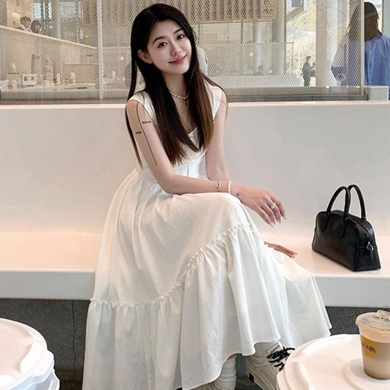 Vapetix S-2XL Small-size first love sweet and gentle square-neck white spaghetti-strap dress, French vacation sty – Bild 5