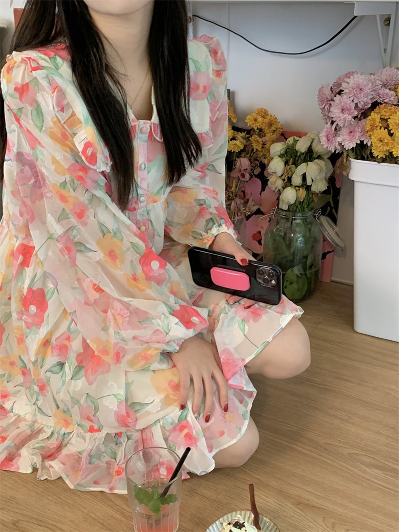 Vapetix S-2XL French Babydoll Collar Floral Print Dress 2025 New Unique Design Women's Loose Short Skirt