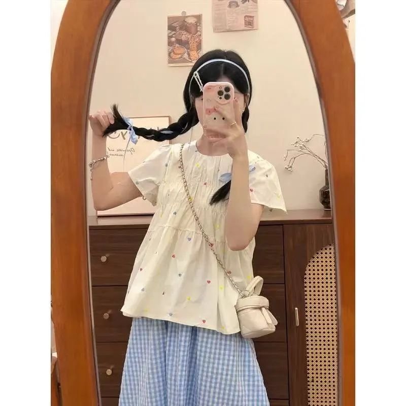 Vapetix S-XL Original Fabric Colorful Heart Print Doll Shirt 2025 Summer New Design Loose Top