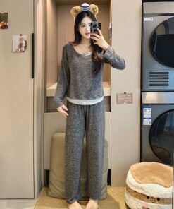 Vapetix M-XXL Cashmere-designed faux two-piece color-block pajamas for women: Autumn/Winter long-sleeve top and p