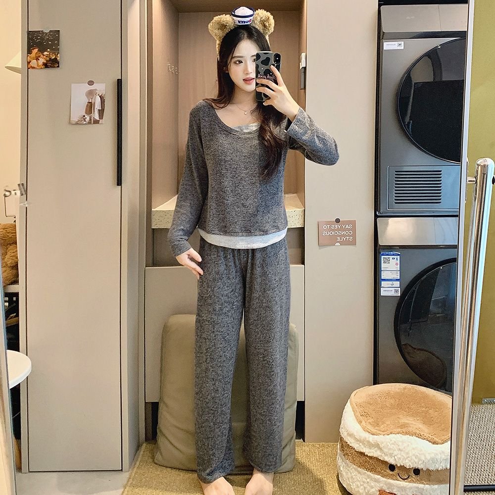Vapetix M-XXL Cashmere-designed faux two-piece color-block pajamas for women: Autumn/Winter long-sleeve top and p