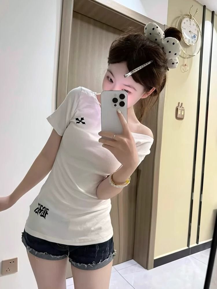 Vapetix S-L 260g Cotton Short-Sleeve T-Shirt Summer 2025 New Trendy Short Length Slim Fit Printed Peplum Collar